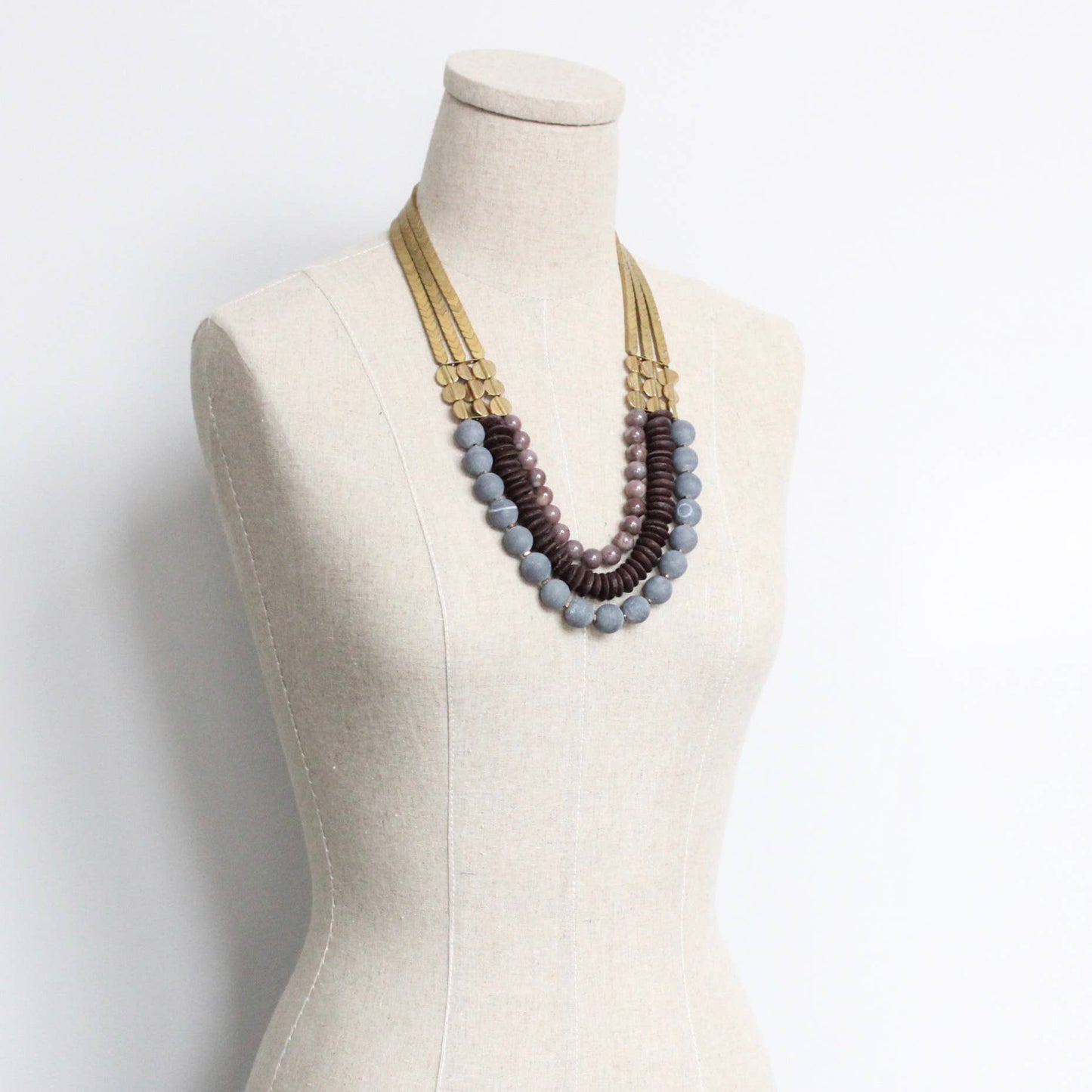 CHR224 Triple strand stone and african glass necklace