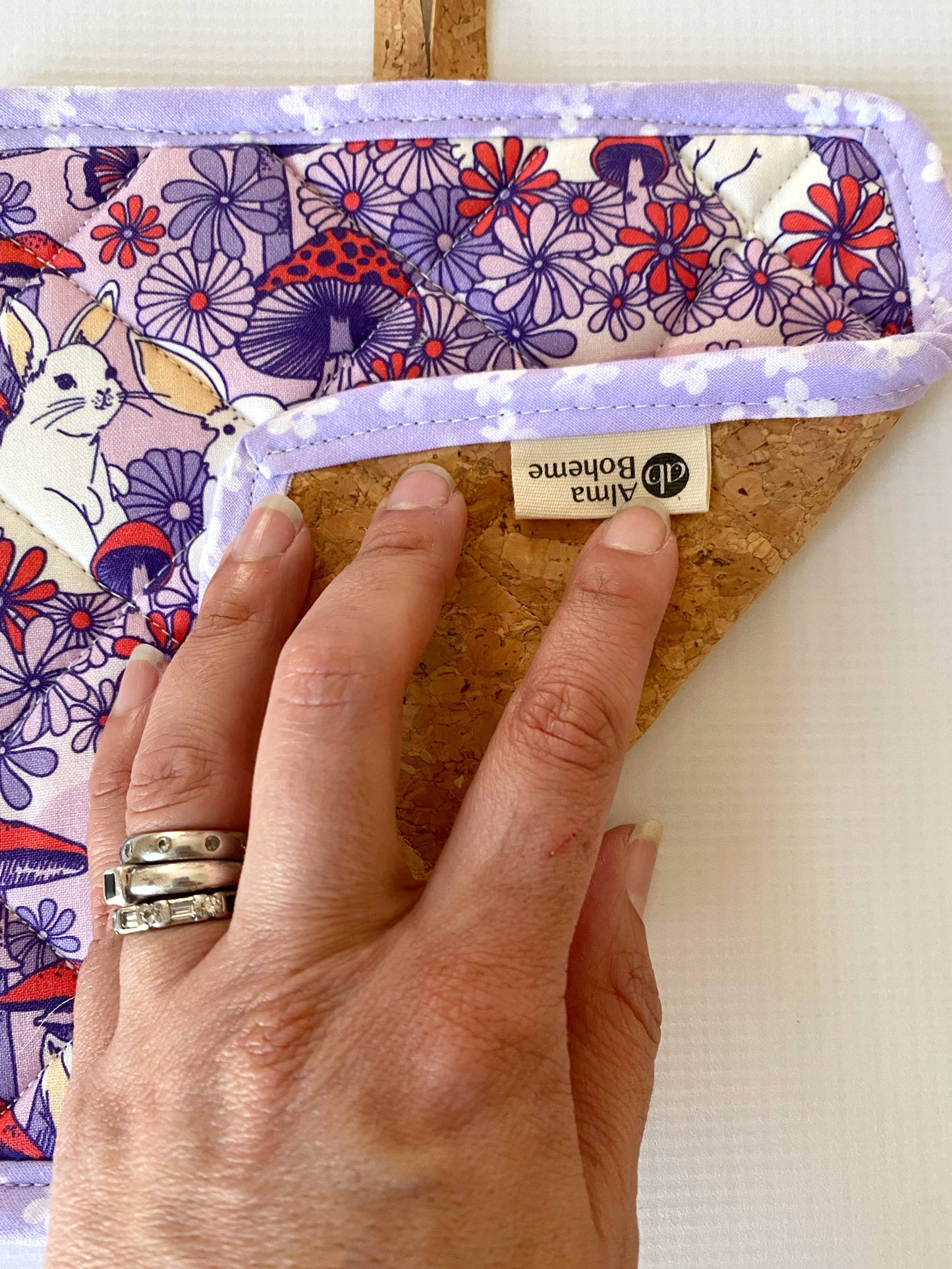 Rabbits and Mushrooms Cork andCotton Potholder ( No Pocket)
