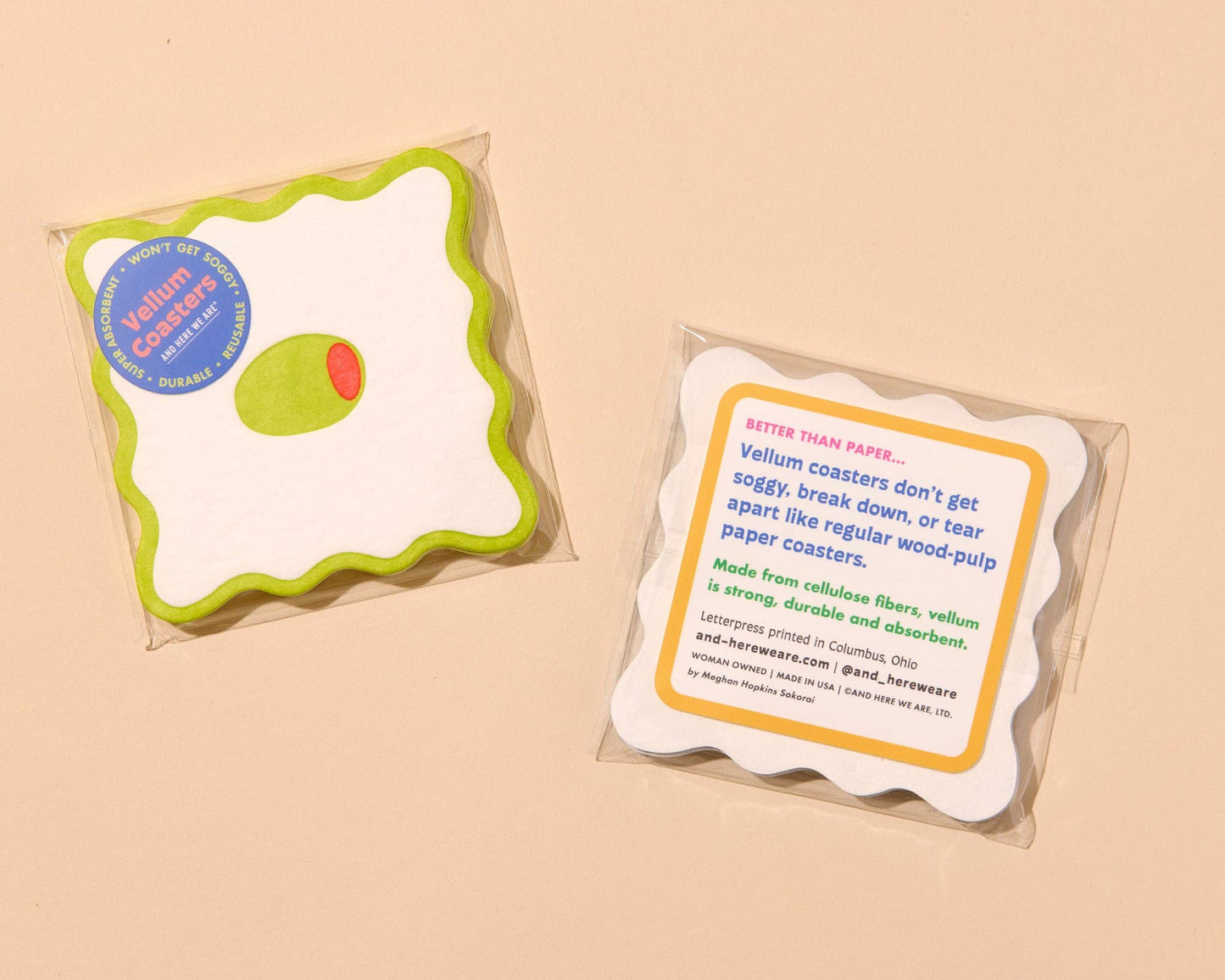 Letterpress Reusable Vellum Coasters—Crudité: Olive (Modern)