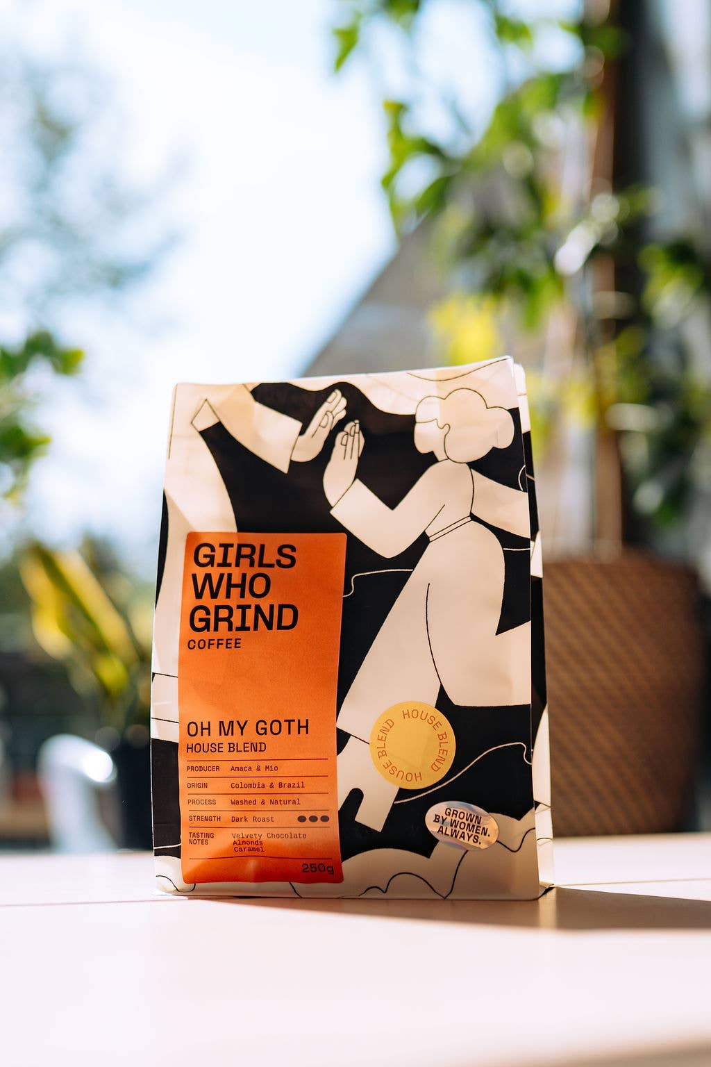 Coffee, Oh My Goth blend, dark roast, Brazil & Guatemala.