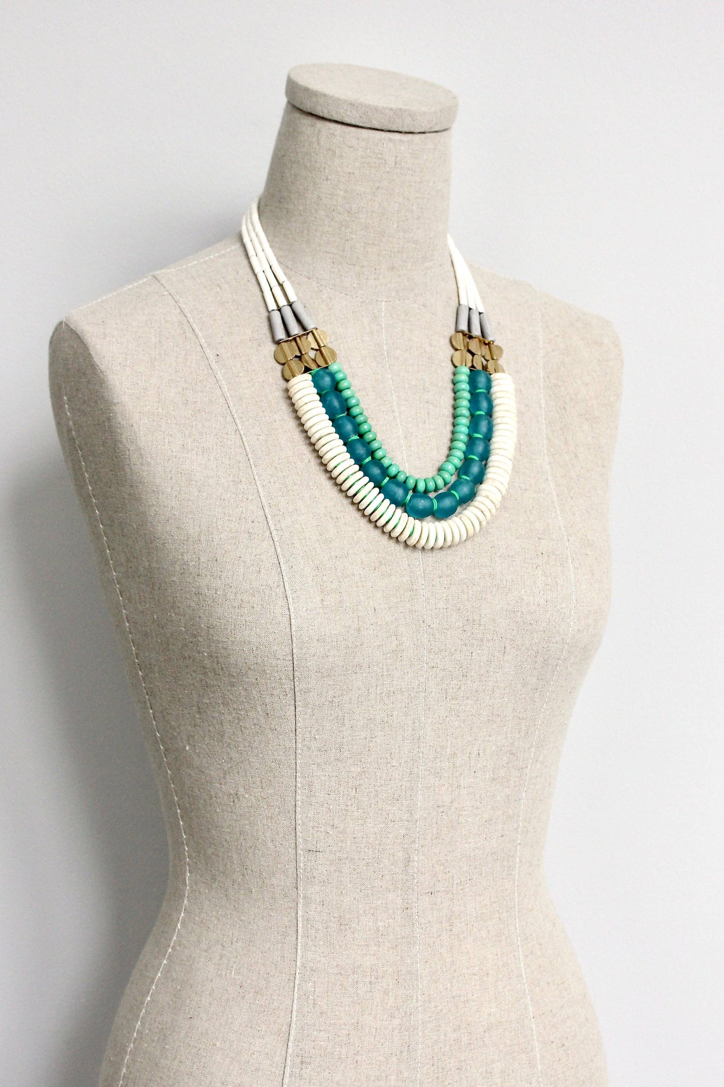 GND520 triple strand white, aqua Ghana glass, and turquoise