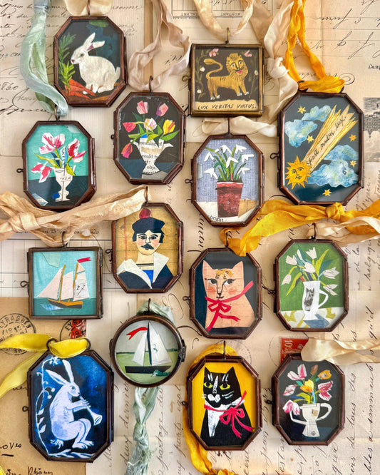 Festive Hare ~ Art Locket Ornament Blue Decor Handmade 