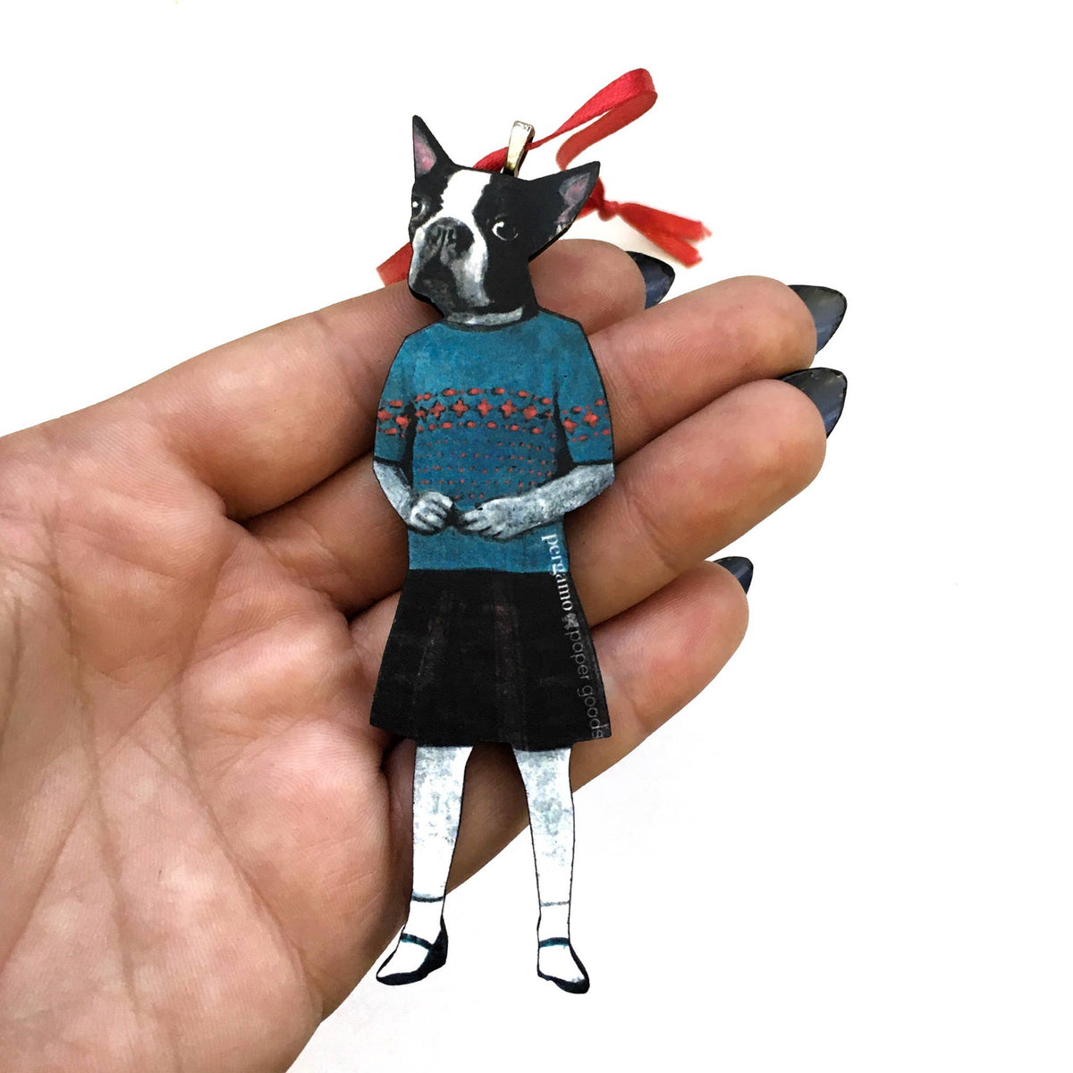 Boston Terrier Girl Laser Cut Wood Christmas Ornament