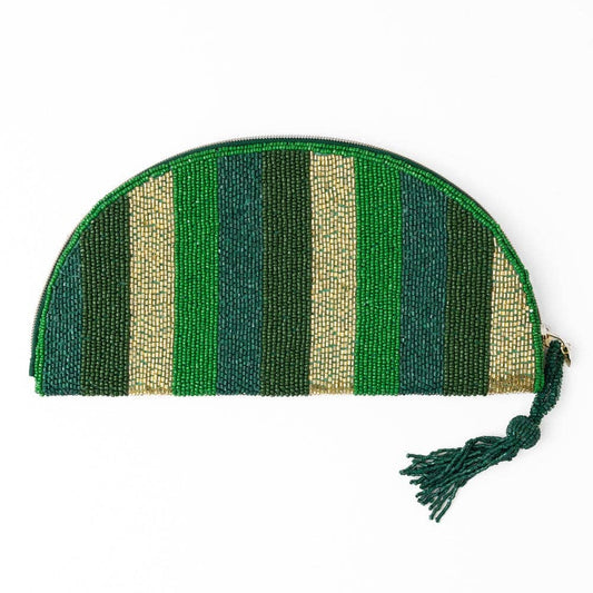 Leslie Vertical Stripes Beaded Half Circle Clutch Green