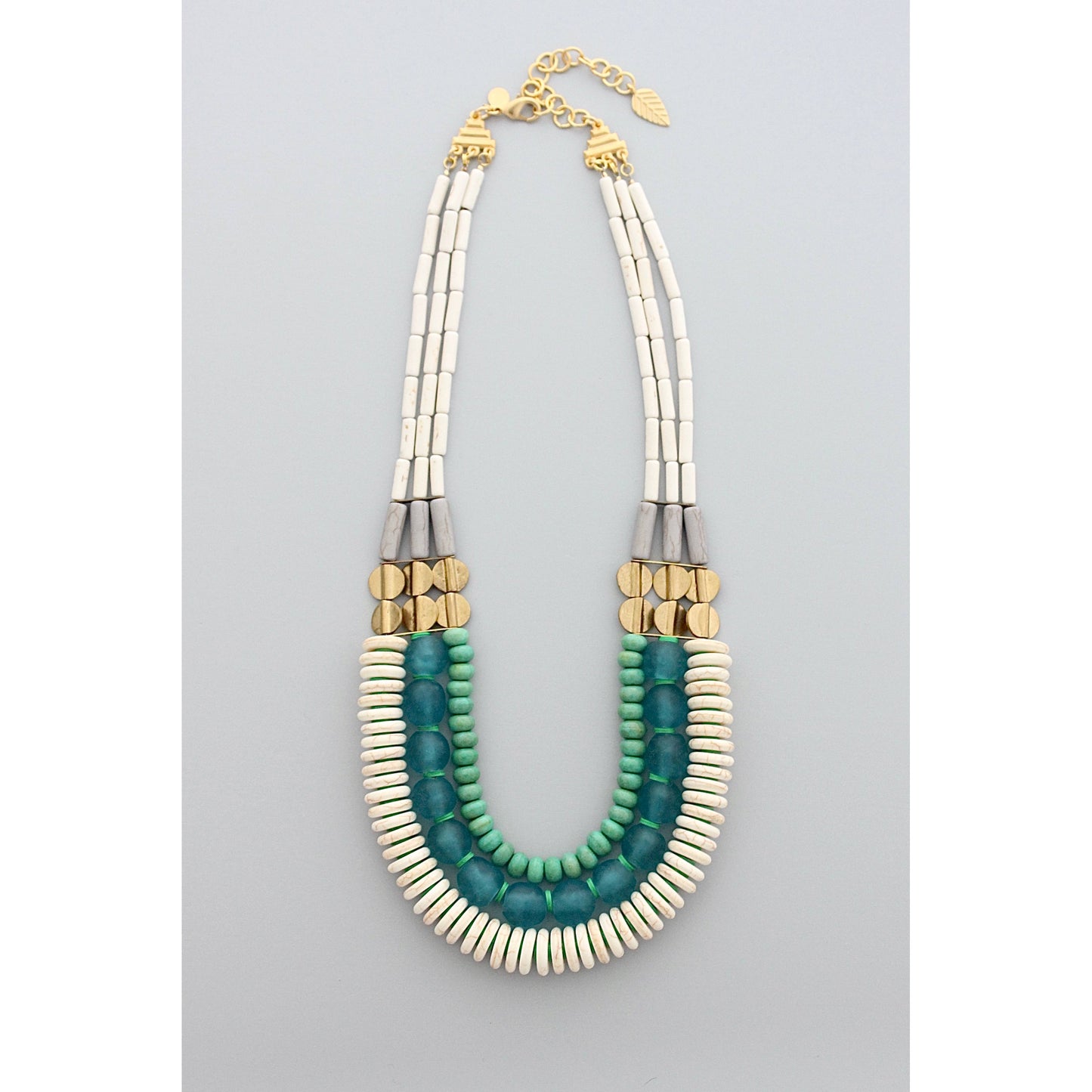 GND520 triple strand white, aqua Ghana glass, and turquoise