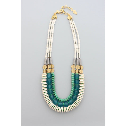 GND520 triple strand white, aqua Ghana glass, and turquoise