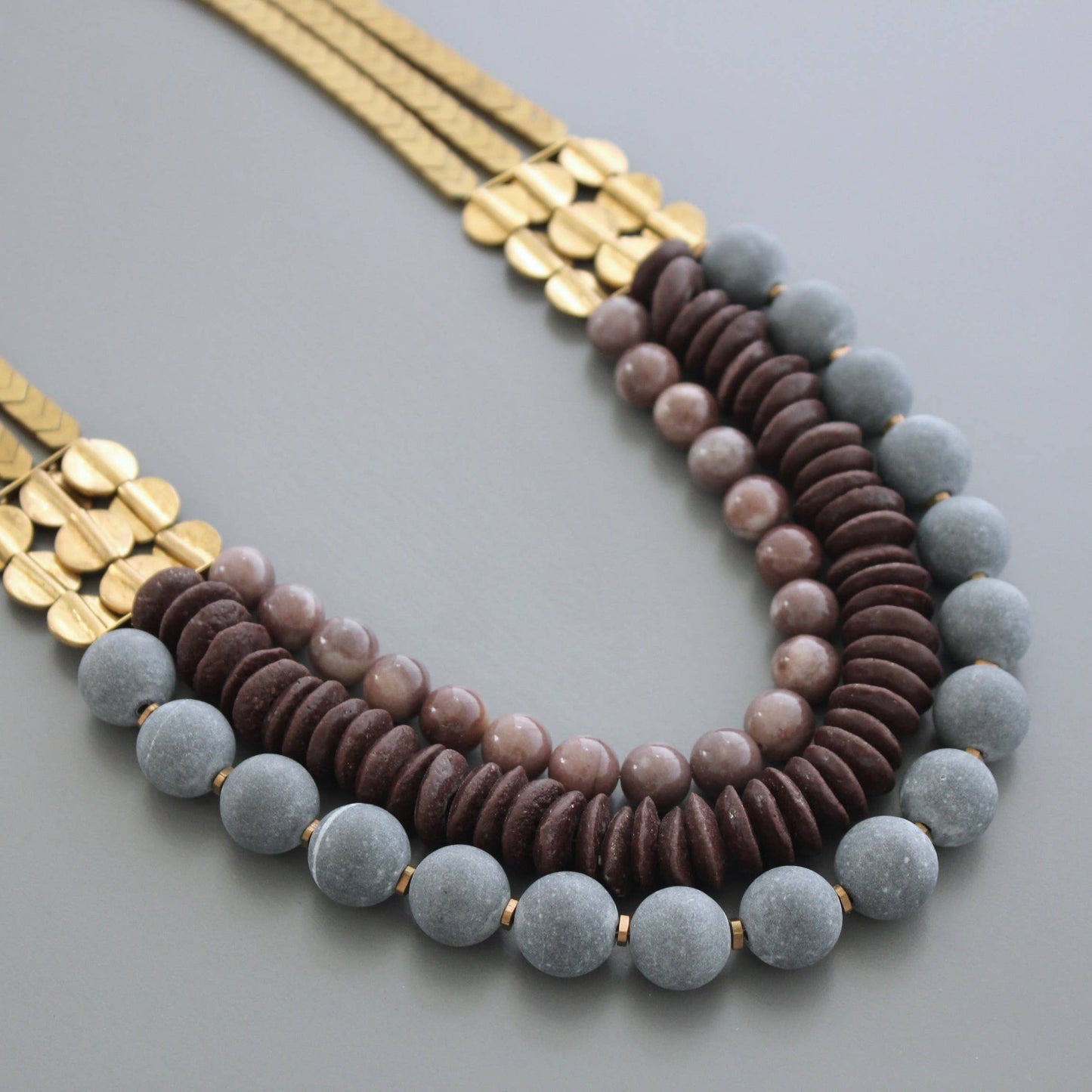 CHR224 Triple strand stone and african glass necklace