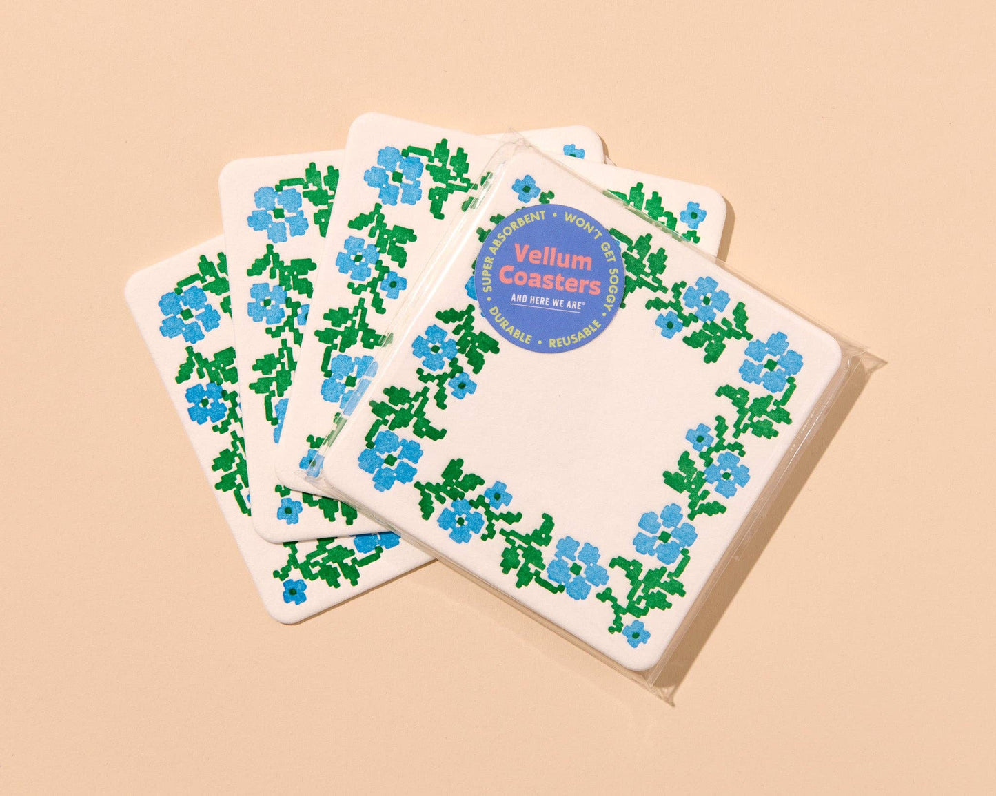 Letterpress Reusable Vellum Coasters—Cross Stitch Floral