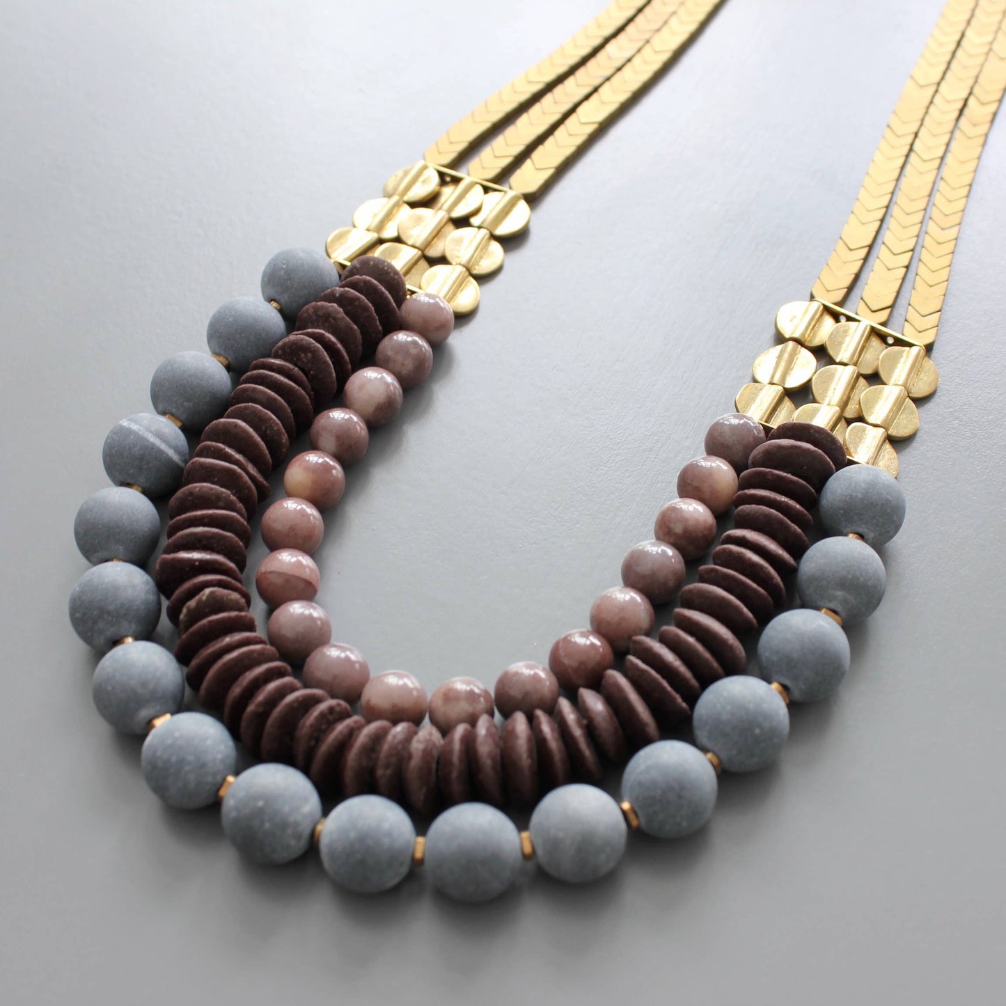CHR224 Triple strand stone and african glass necklace