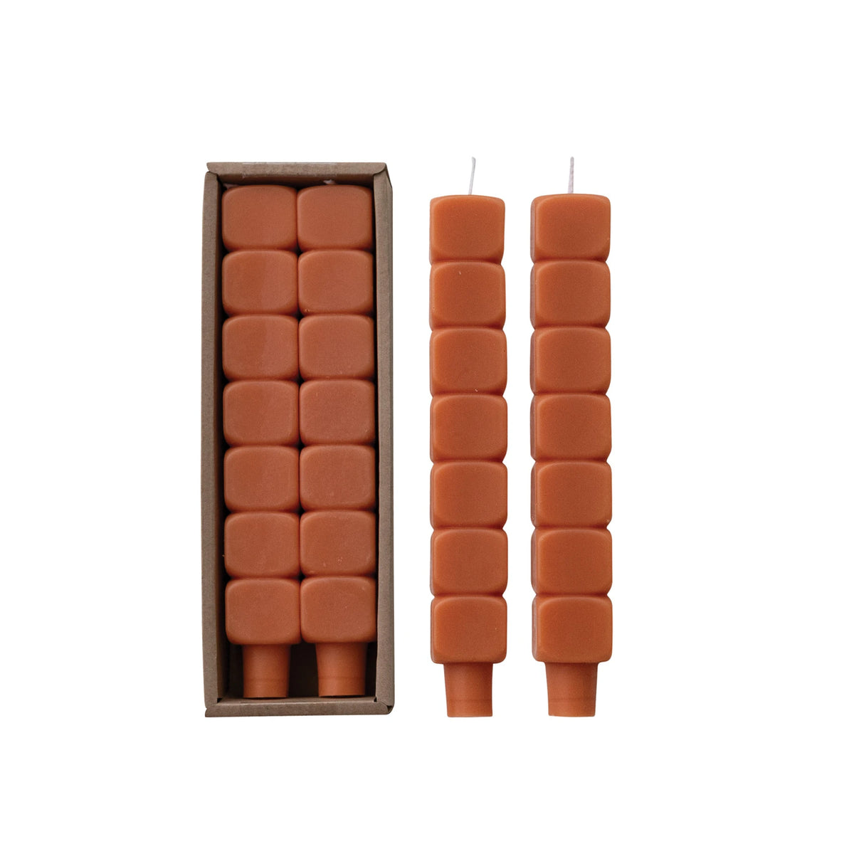 Unscented Stacked Blocks Shaped Taper Candles in Box, Rust Color, Set of 2