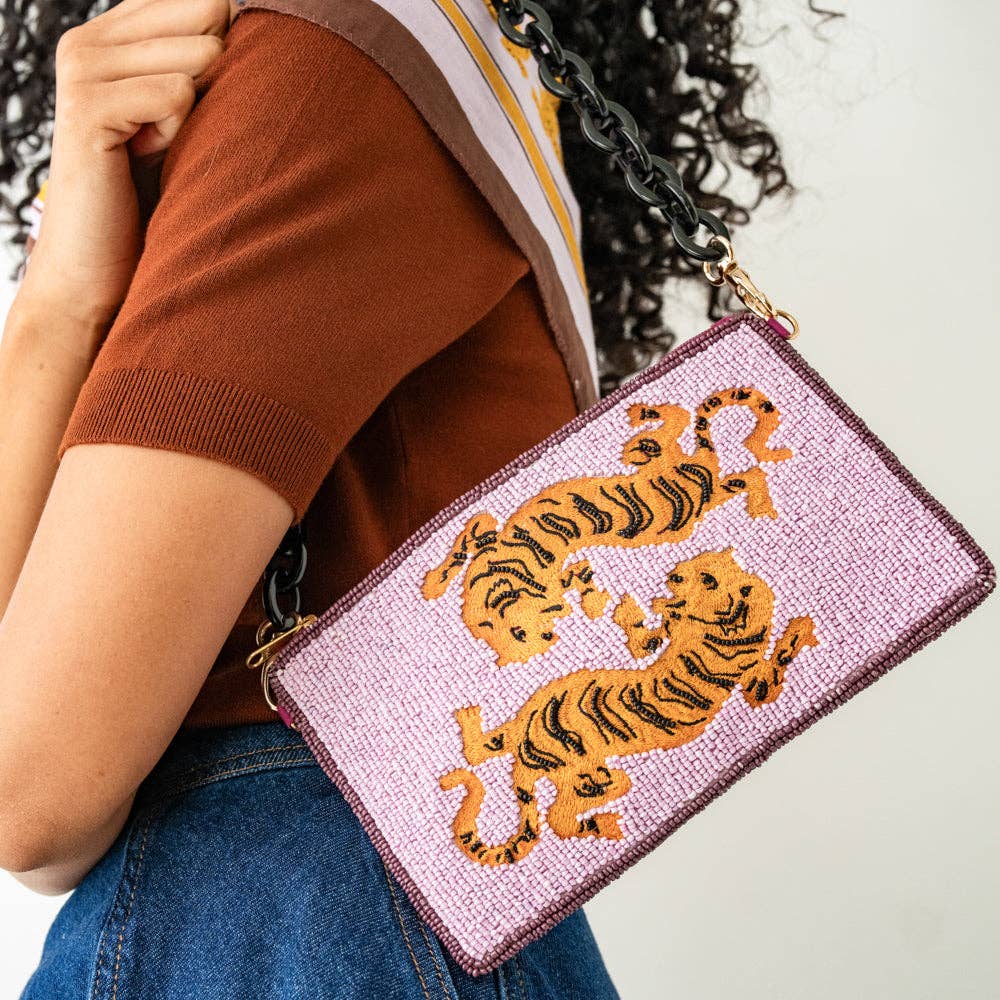 Elenor Embroidered Tiger Beaded Bag Purple