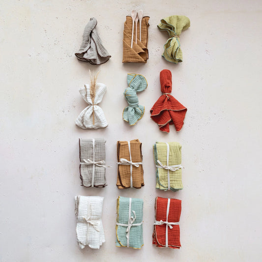 Woven Cotton Double Cloth Napkins w/ Contrasting Stitched Edge, 6 Colors, Set of 4 SKU#DF7660A