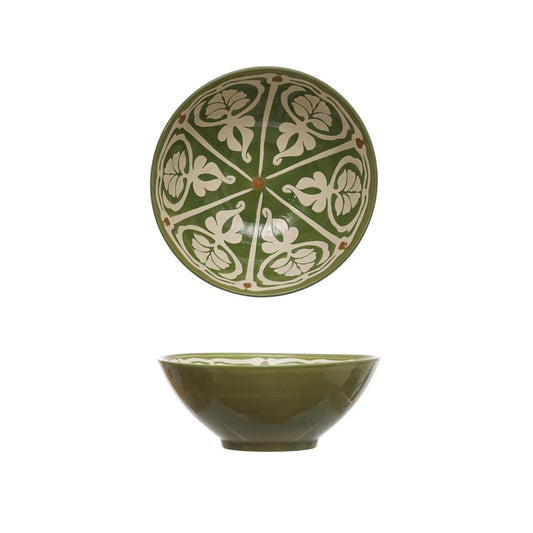 Hand-Painted Stoneware Serving Bowl w/ Design, Green & Brown