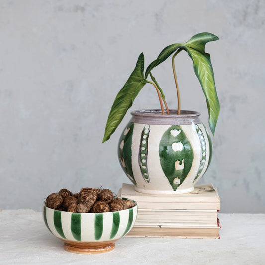 Hand-Painted Stoneware Footed Bowl w/ Stripes (Each One Will Vary)