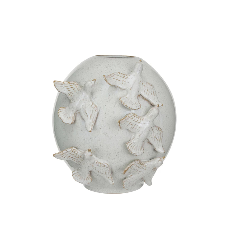 Handmade Stoneware Vase w/ Birds (Each One Will Vary)