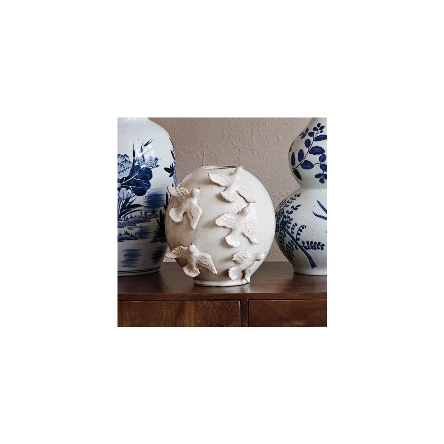 Handmade Stoneware Vase w/ Birds (Each One Will Vary)