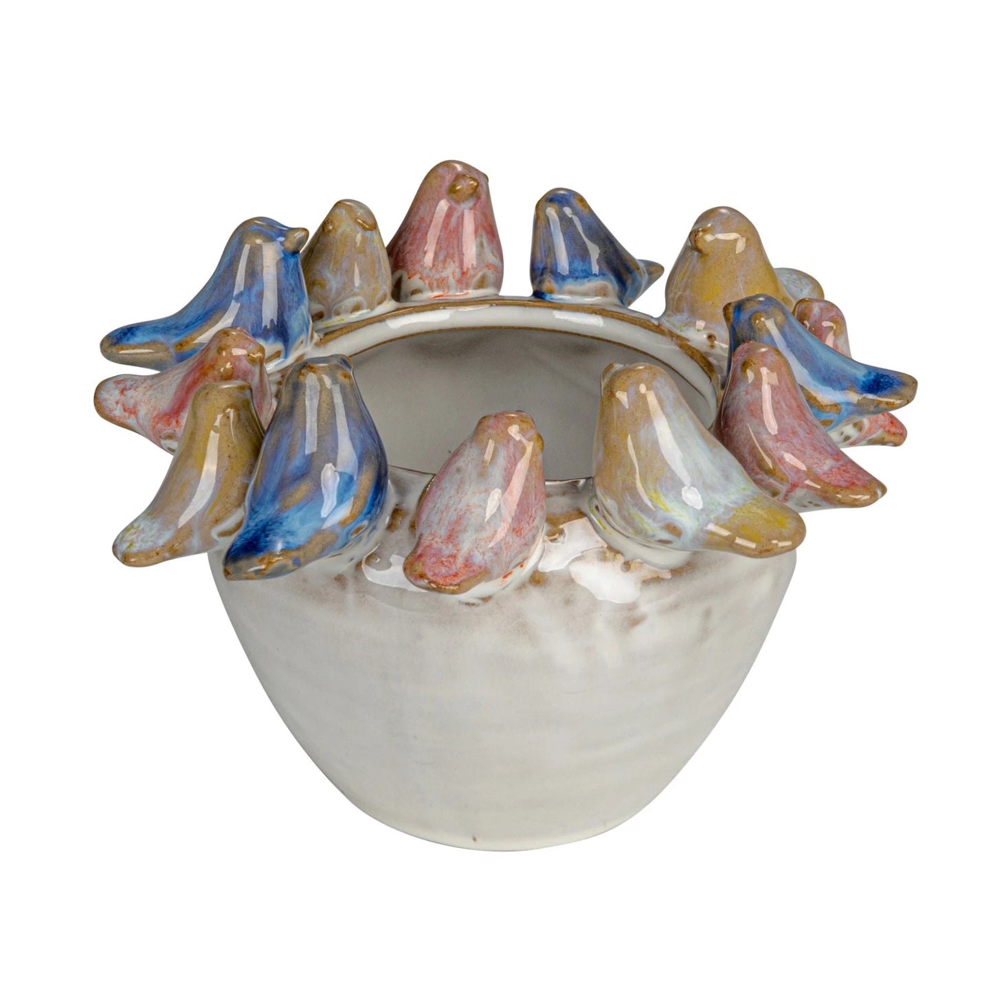 Stoneware Planter w/ 3D Birds on Rim, Reactive Glaze (Each One Will Vary)
