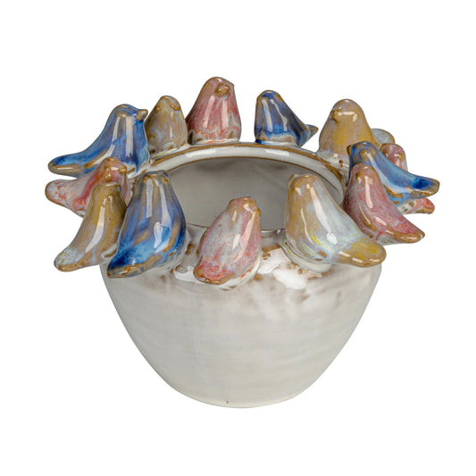 Stoneware Planter w/ 3D Birds on Rim, Reactive Glaze (Each One Will Vary)