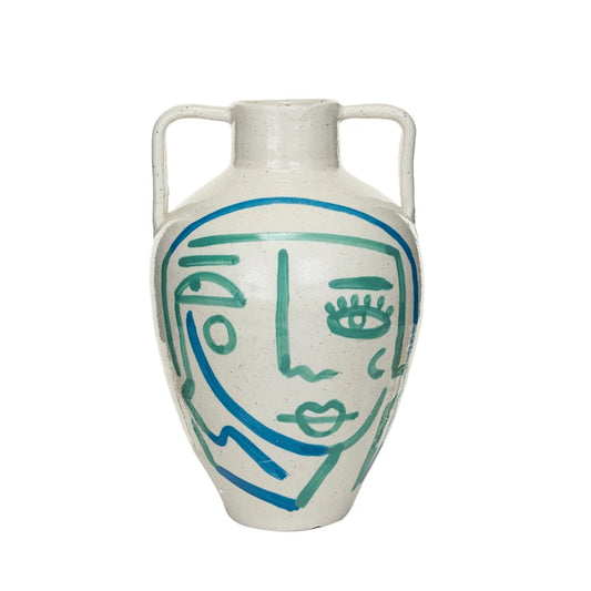 Hand-Painted Terra-cotta Urn w/ Abstract Face (Each One Will Vary)