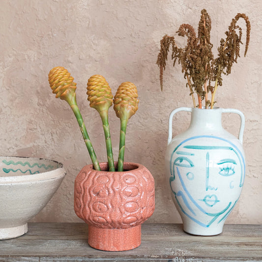 Hand-Painted Terra-cotta Urn w/ Abstract Face (Each One Will Vary)