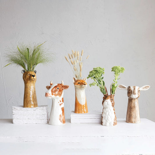 Hand-Painted Stoneware Goat Vase