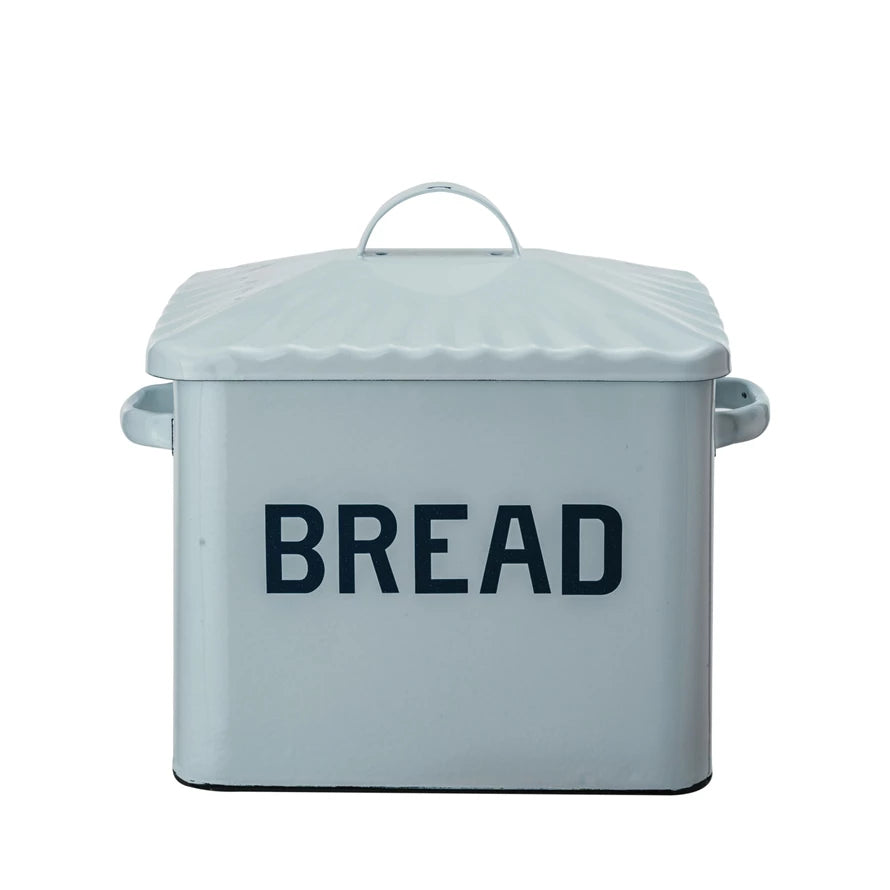 Enameled Metal Box w/ Lid & Handles "Bread", White & Blue