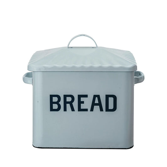 Enameled Metal Box w/ Lid & Handles "Bread", White & Blue