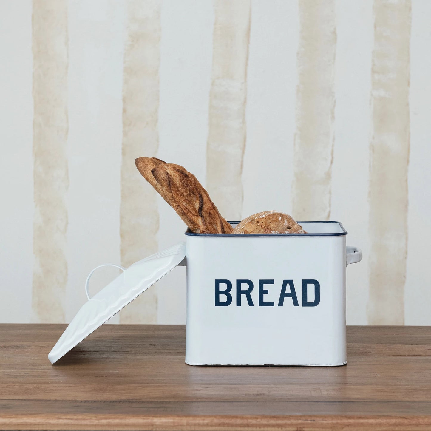 Enameled Metal Box w/ Lid & Handles "Bread", White & Blue
