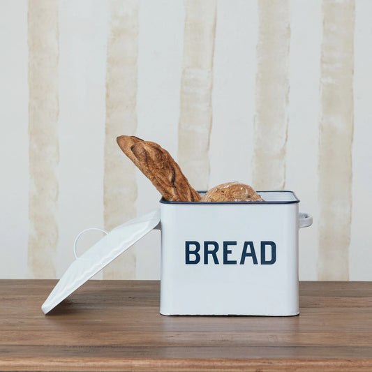 Enameled Metal Box w/ Lid & Handles "Bread", White & Blue