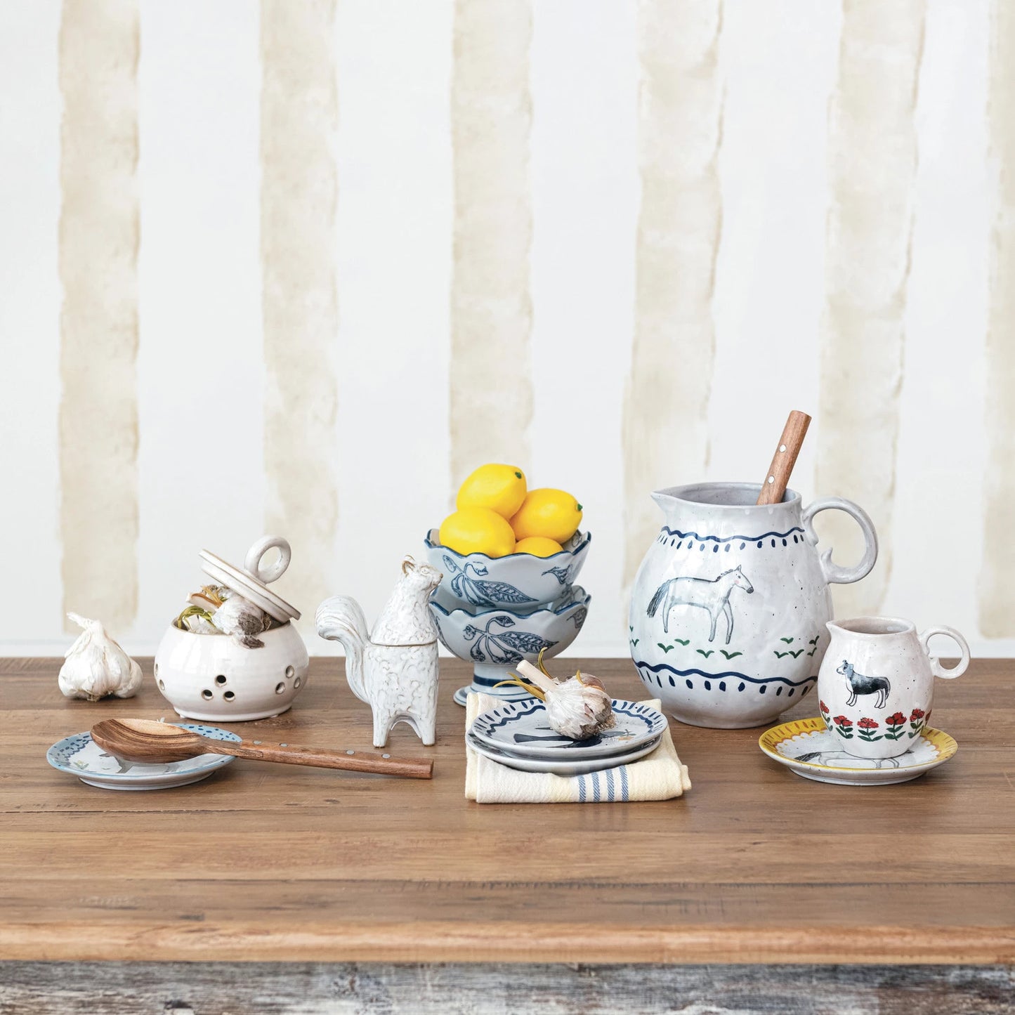 10 oz. Hand-Painted Stoneware Creamer w/ Dog & Flowers