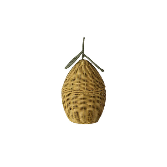 Hand-Woven Rattan Lemon Shaped Basket with Lid, Yellow & Green