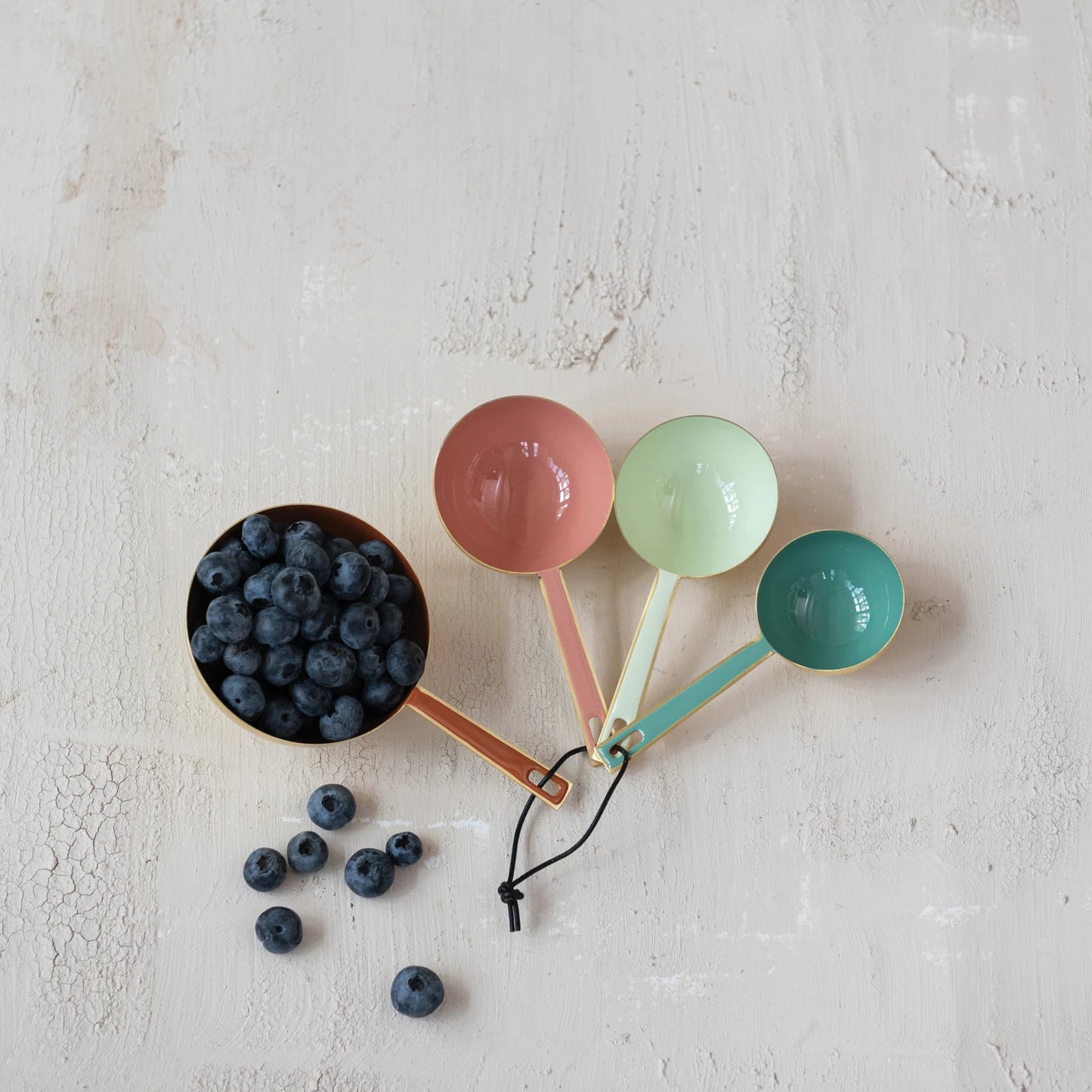 Enameled Measuring Cups with Leather Tie, 4 Colors, Set of 4