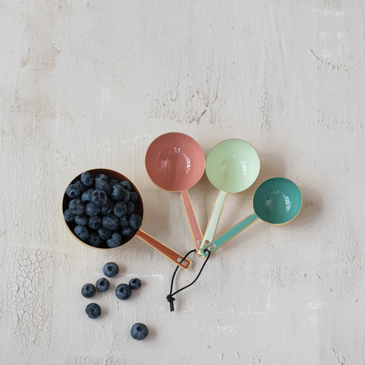 Enameled Measuring Cups with Leather Tie, 4 Colors, Set of 4