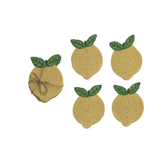 Handmade Beaded Lemon Coasters, Set of 4