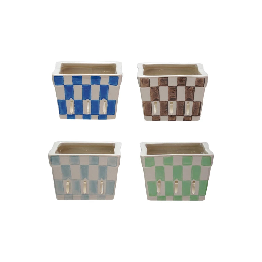 Hand-Painted Stoneware Berry Basket with Check Pattern
