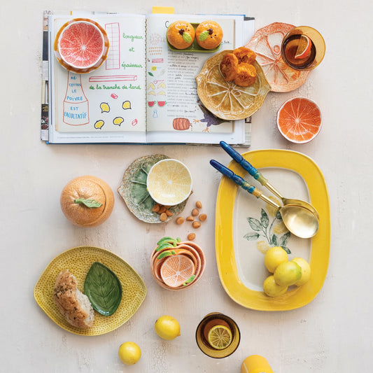 Stoneware Plate with Lemons, Reactive Crackle Glaze (Each Varies)