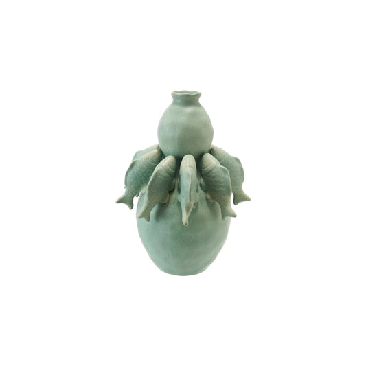Stoneware Vase w/ 3D Fish, Reactive Glaze, Matte Sage Green (Each One Will Vary)
