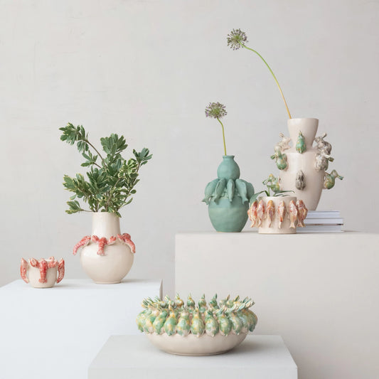 Stoneware Vase w/ 3D Lobsters, Reactive Glaze (Each One Will Vary)