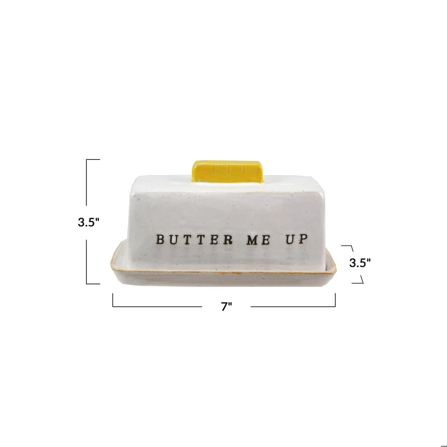 Stoneware Butter Dish w/ Debossed "Butter Me Up", Reactive Glaze (Each One Will Vary)