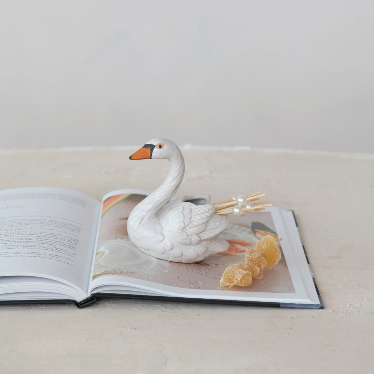 Stoneware Swan Shaped Toothpick Holder, White, Orange Color & Black