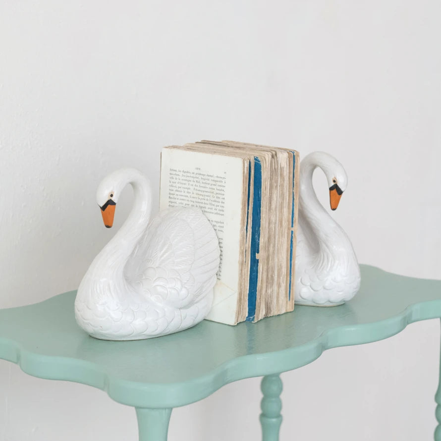 Stoneware Swan Shaped Bookends, White, Orange Color & Black, Set of 2