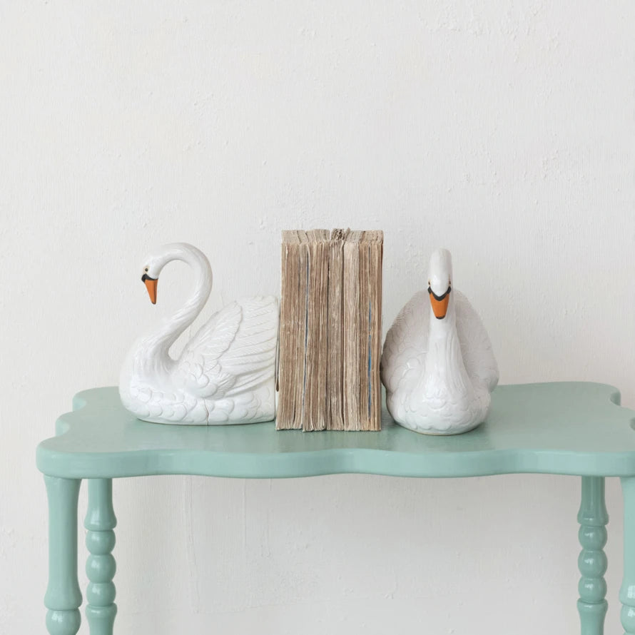 Stoneware Swan Shaped Bookends, White, Orange Color & Black, Set of 2
