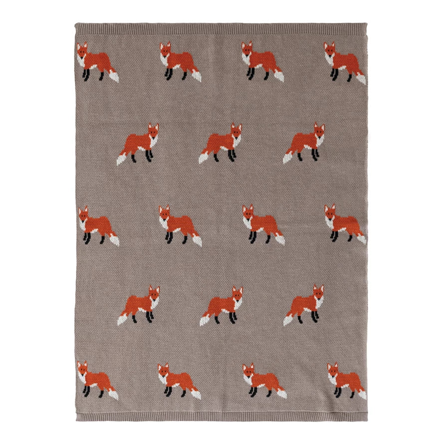 Cotton Knit Baby Blanket with Foxes