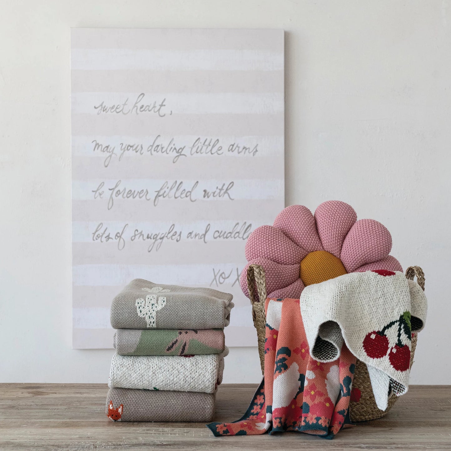 Cotton Knit Baby Blanket with Foxes