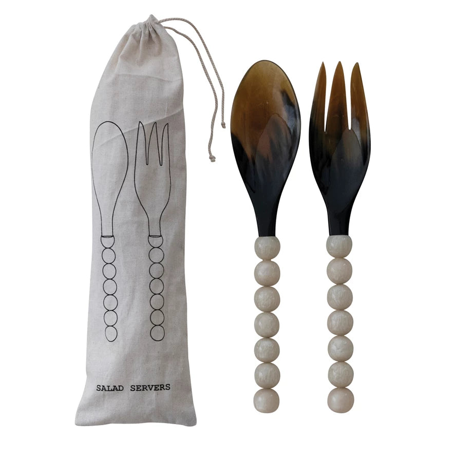 Natural Horn Salad Servers with Resin Handles, Set of 2 in Bag (Each One Will Vary)