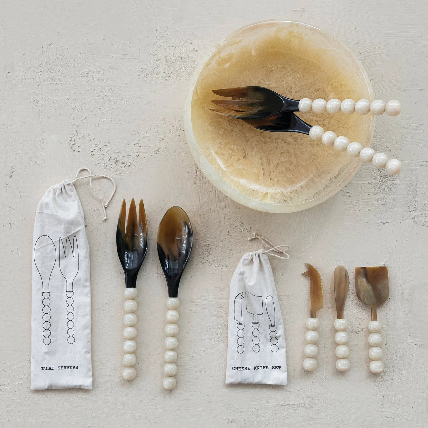 Natural Horn Salad Servers with Resin Handles, Set of 2 in Bag (Each One Will Vary)