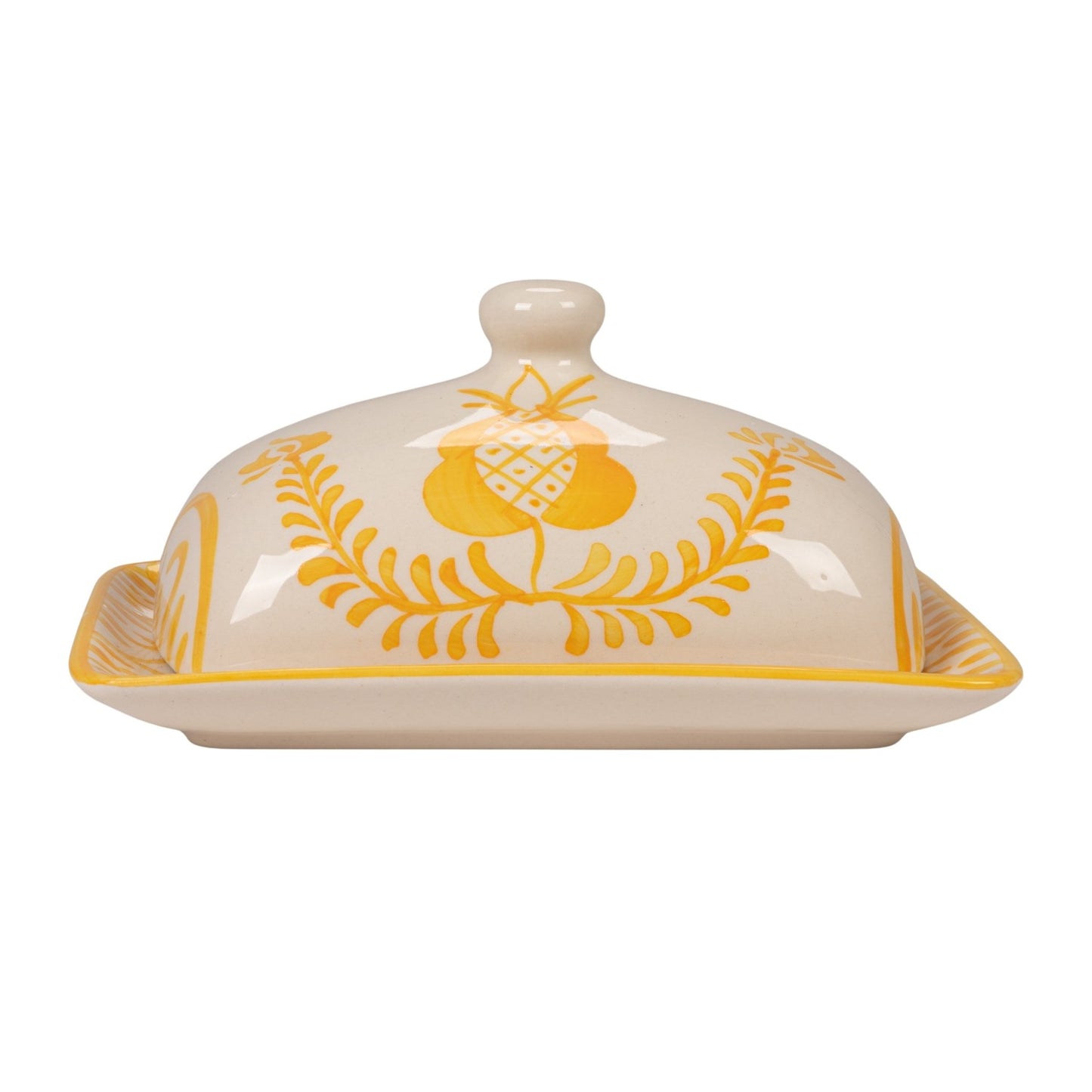 Hand-Painted Stoneware Butter Dish with Botanical Design, Yellow & White