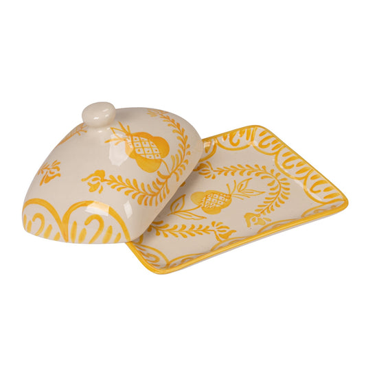 Hand-Painted Stoneware Butter Dish with Botanical Design, Yellow & White