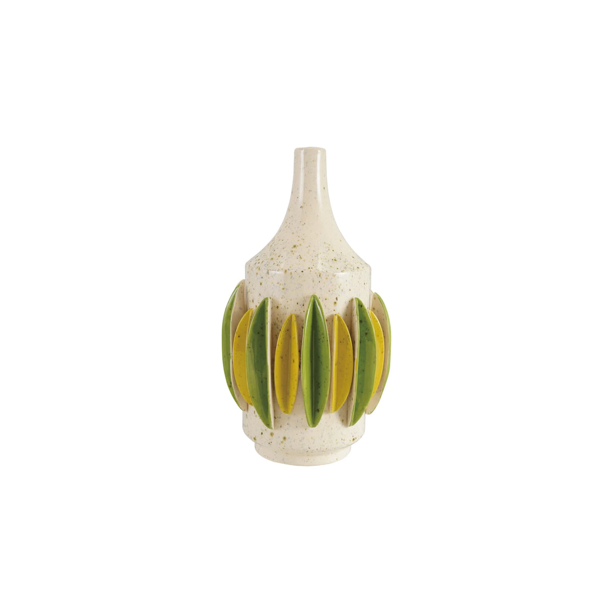 Handmade Stoneware Vase with 3D Pleats, Cream Color Speckled, Green & Yellow