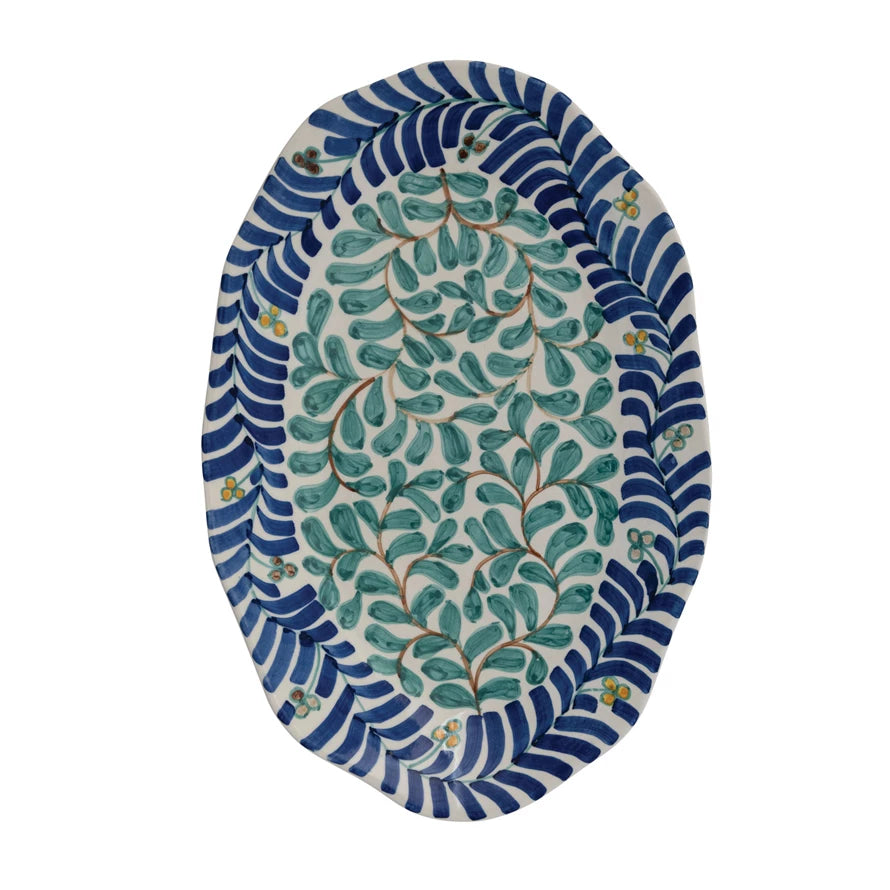 Hand-Painted Stoneware Platter with Vines Design (Each One Will Vary)